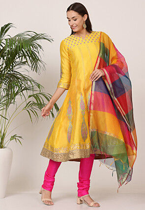 Block Printed Art Silk Anarkali Suit in Yellow