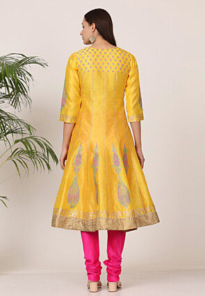 Block Printed Art Silk Anarkali Suit in Yellow