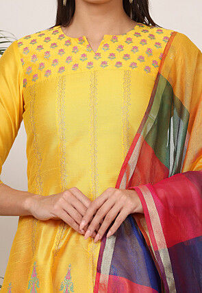 Block Printed Art Silk Anarkali Suit in Yellow