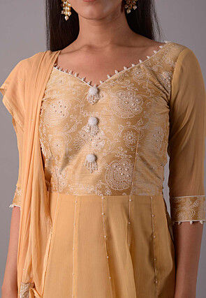 Block Printed Chiffon Anarkali Suit in Beige