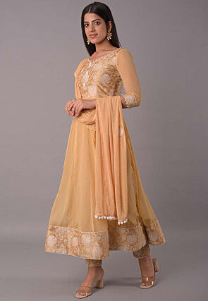 Block Printed Chiffon Anarkali Suit in Beige