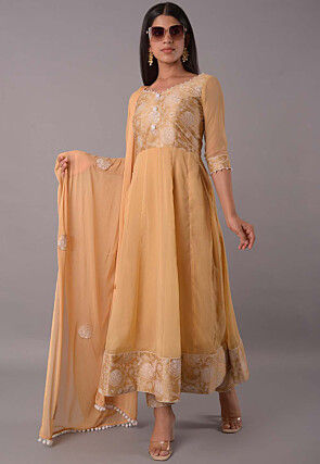 Block Printed Chiffon Anarkali Suit in Beige