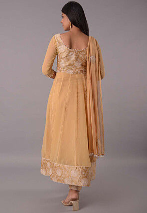 Block Printed Chiffon Anarkali Suit in Beige