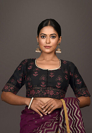 Utsav Fashion Floral Printed Bhagalpuri Silk Blouse in Black