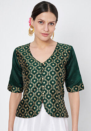 Block Printed Art Silk Blouse in Dark Green