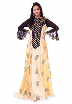 Block Printed Art Silk Flared Kurta in Light Beige and Black
