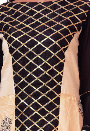 Block Printed Art Silk Flared Kurta in Light Beige and Black