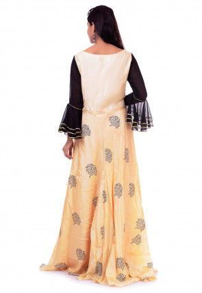 Block Printed Art Silk Flared Kurta in Light Beige and Black