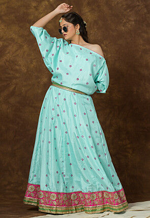 Block Printed Art Silk Gown in Sea Green
