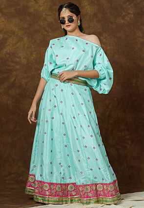 Block Printed Art Silk Gown in Sea Green