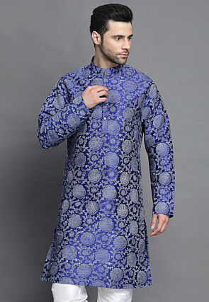 Block Printed Art Silk Kurta in Royal Blue