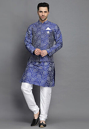 Block Printed Art Silk Kurta Jacket Set in Royal Blue