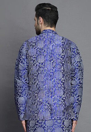 Block Printed Art Silk Kurta Jacket Set in Royal Blue