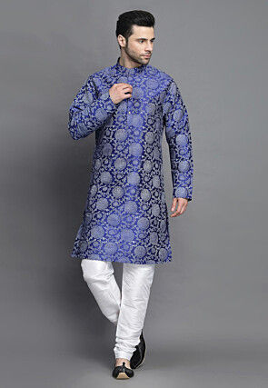 Block Printed Art Silk Kurta Jacket Set in Royal Blue