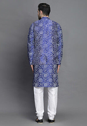 Block Printed Art Silk Kurta Jacket Set in Royal Blue