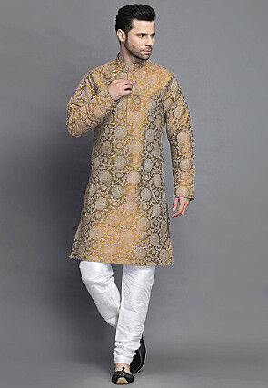 Block Printed Art Silk Kurta Set in Beige