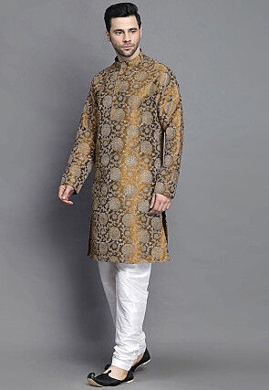 Block Printed Art Silk Kurta Set in Beige