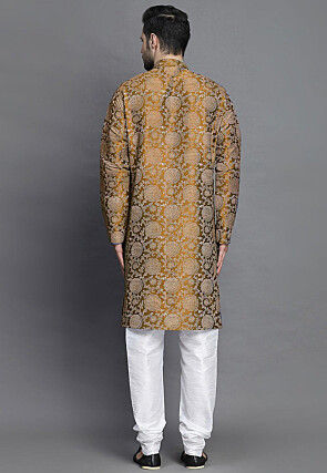 Block Printed Art Silk Kurta Set in Beige