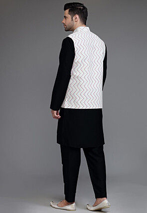 Block Printed Art Silk Kurta Set in Black and Off White