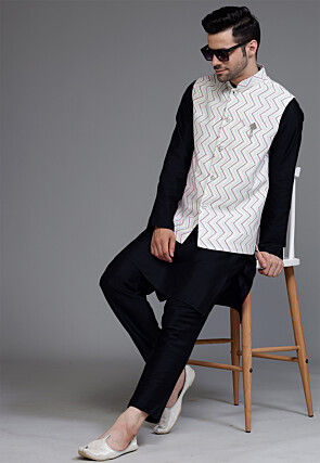 Block Printed Art Silk Kurta Set in Black and Off White