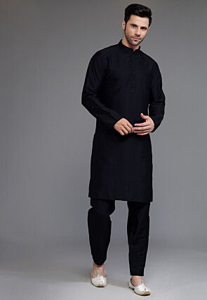 Block Printed Art Silk Kurta Set in Black and Off White