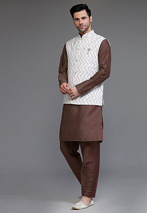 Block Printed Art Silk Kurta Set in Dark Brown and Off White
