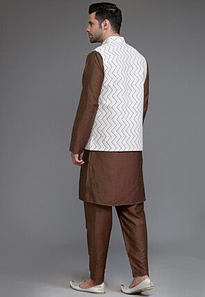 Block Printed Art Silk Kurta Set in Dark Brown and Off White