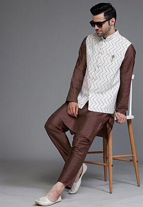 Block Printed Art Silk Kurta Set in Dark Brown and Off White