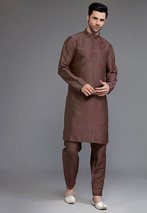 Block Printed Art Silk Kurta Set in Dark Brown and Off White