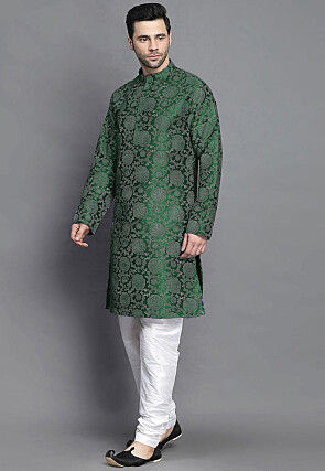 Block Printed Art Silk Kurta Set in Dark Green