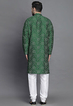 Block Printed Art Silk Kurta Set in Dark Green