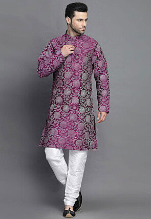 Block Printed Art Silk Kurta Set in Dark Purple