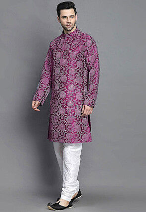 Block Printed Art Silk Kurta Set in Dark Purple