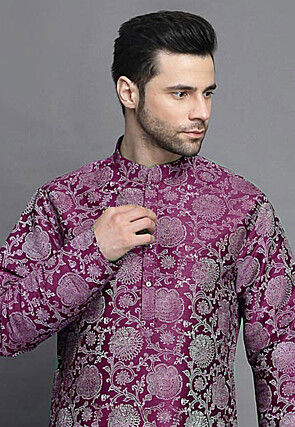 Block Printed Art Silk Kurta Set in Dark Purple