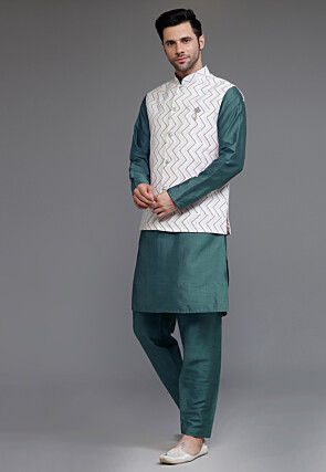 Block Printed Art Silk Kurta Set in Dusty Green and Off White