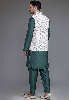 Block Printed Art Silk Kurta Set in Dusty Green and Off White