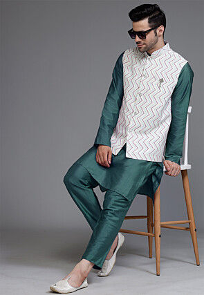 Block Printed Art Silk Kurta Set in Dusty Green and Off White