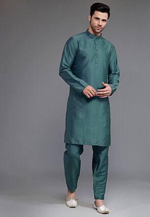 Block Printed Art Silk Kurta Set in Dusty Green and Off White