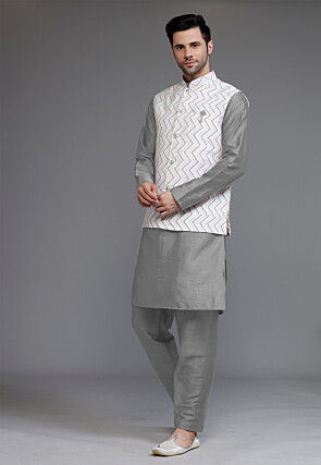Block Printed Art Silk Kurta Set in Grey and Off White