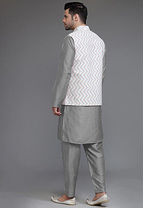 Block Printed Art Silk Kurta Set in Grey and Off White