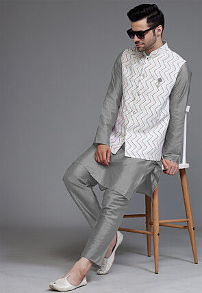 Block Printed Art Silk Kurta Set in Grey and Off White