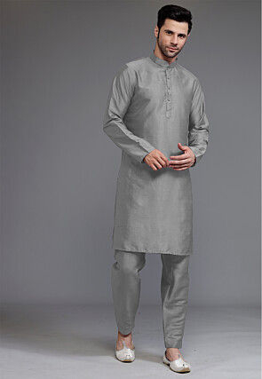 Block Printed Art Silk Kurta Set in Grey and Off White