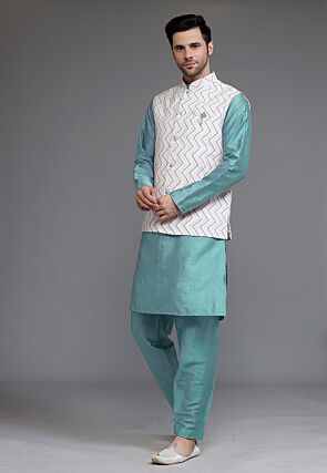 Block Printed Art Silk Kurta Set in Light Blue and Off White