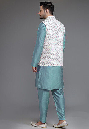 Block Printed Art Silk Kurta Set in Light Blue and Off White