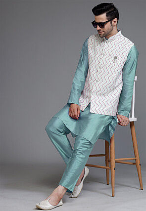 Block Printed Art Silk Kurta Set in Light Blue and Off White