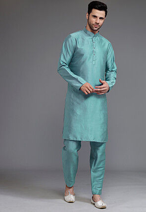 Block Printed Art Silk Kurta Set in Light Blue and Off White