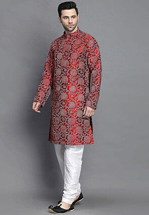 Block Printed Art Silk Kurta Set in Maroon