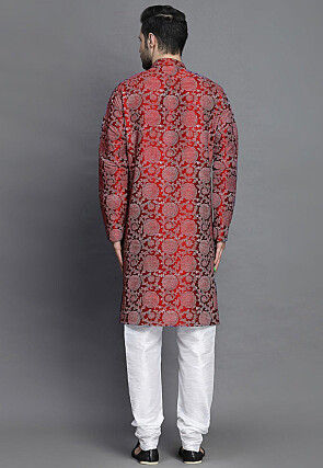 Block Printed Art Silk Kurta Set in Maroon