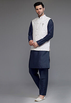 Block Printed Art Silk Kurta Set in Navy Blue and Off White