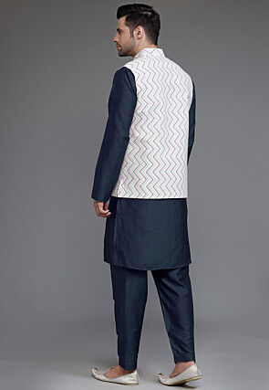 Block Printed Art Silk Kurta Set in Navy Blue and Off White
